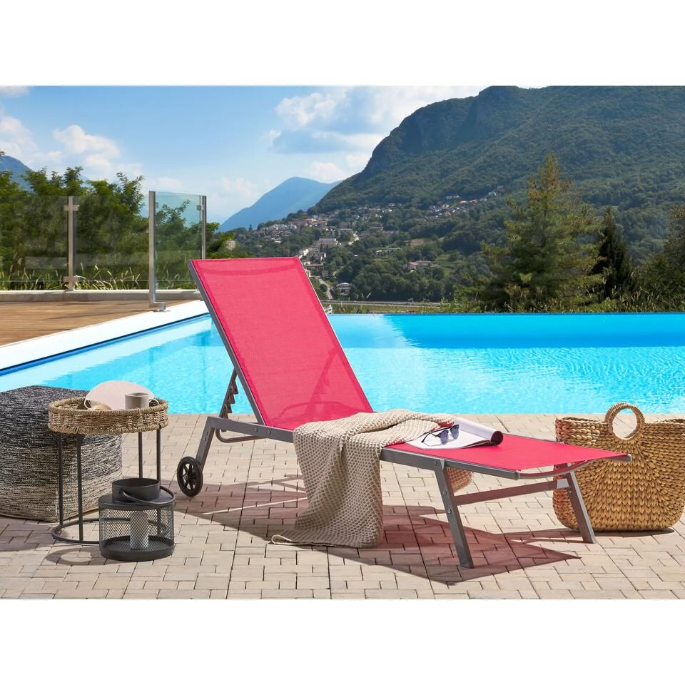 Beliani Tuinligstoel LEVANZO - Rood Staal, Textiel 2 Beliani Tuinligstoel LEVANZO - Rood Staal, Textiel - Afbeelding 2