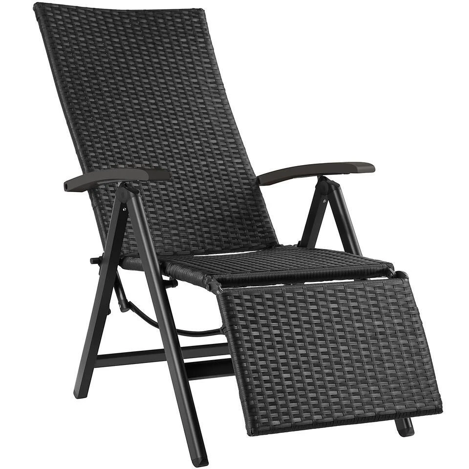 Tectake Wicker Tuinstoel Opklapbaar Met Aluminium Frame En Voetsteun, Zwart 1 Tectake Wicker Tuinstoel Opklapbaar Met Aluminium Frame En Voetsteun, Zwart