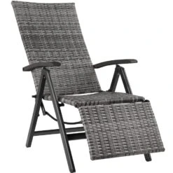Tectake Wicker Tuinstoel Opklapbaar Met Aluminium Frame En Voetsteun, Grijs