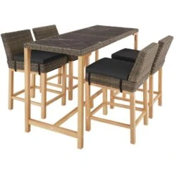 Tectake Wicker Bartafel Lovas Met 4 Stoelen Latina, Natuur