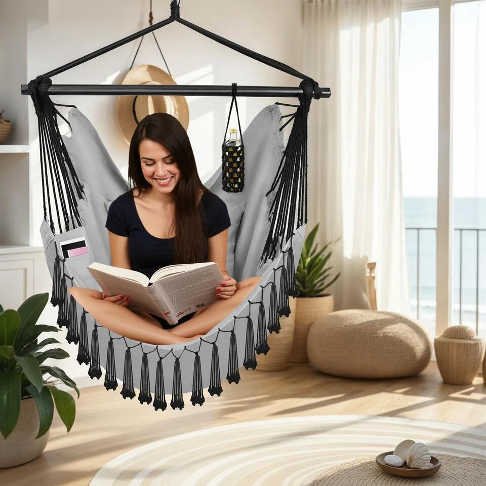 Tectake Hangstoel Malika, Boho-stijl, Draagkracht 150kg, Grijs 2 Tectake Hangstoel Malika, Boho-stijl, Draagkracht 150kg, Grijs - Afbeelding 2