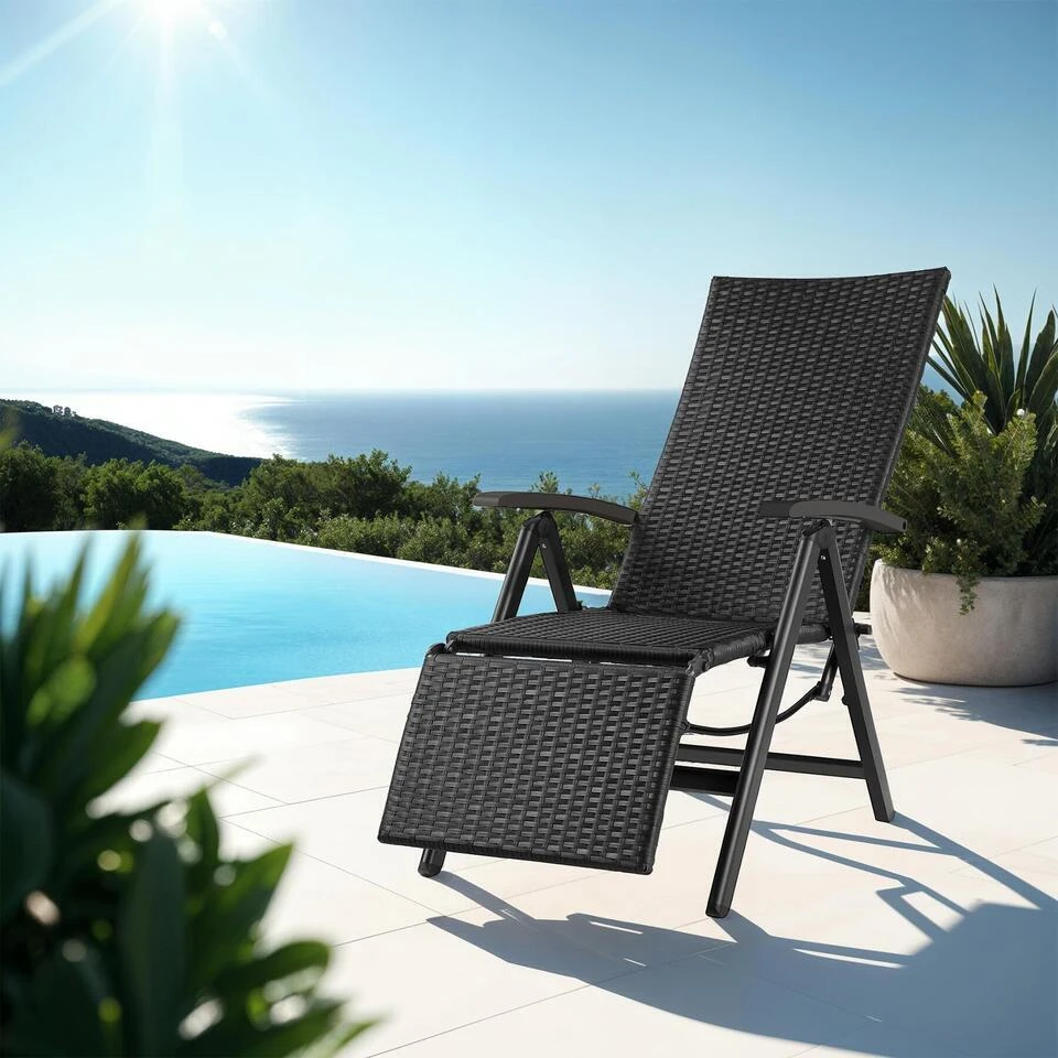 Tectake Wicker Tuinstoel Opklapbaar Met Aluminium Frame En Voetsteun, Zwart 2 Tectake Wicker Tuinstoel Opklapbaar Met Aluminium Frame En Voetsteun, Zwart - Afbeelding 2